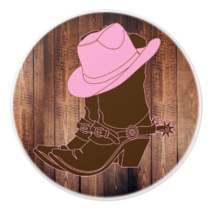 Rustikale Land-Cowgirl-Stiefel u. rosa Hut Keramikknauf