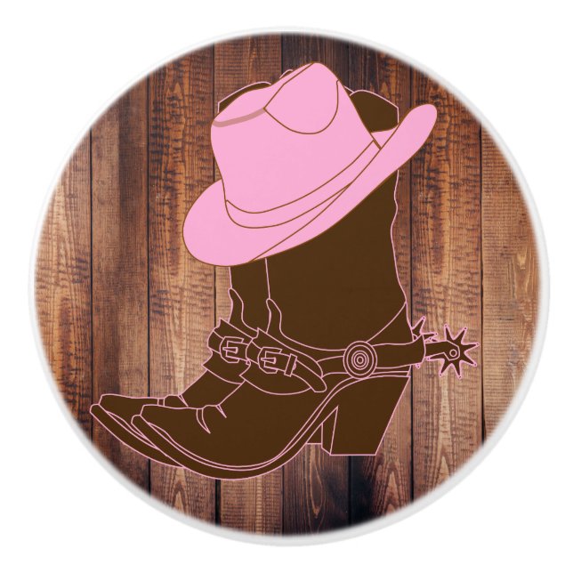 Rustikale Land-Cowgirl-Stiefel u. rosa Hut Keramikknauf (Vorderseite)