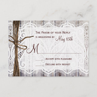 Rustikale Land-Lace-Zwirn-Holz-Hochzeits-RSVP RSVP Karte