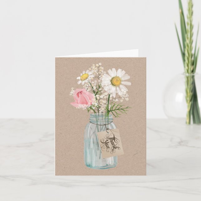 Rustikale Land-Leinwand-und Maurer-Glas-Blumen Dankeskarte (Vorderseite)