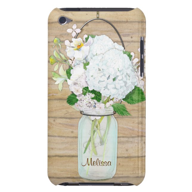 Rustikale Land-Maurer-Glas-Blumen-WeißHydrangeas iPod Touch Cover (Rückseite)