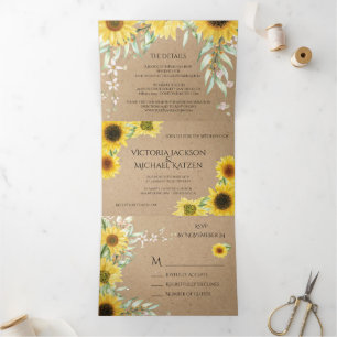 Rustikale Land-Sonnenblumen-Hochzeit Kraftpapier Dreifach Gefaltete Einladung