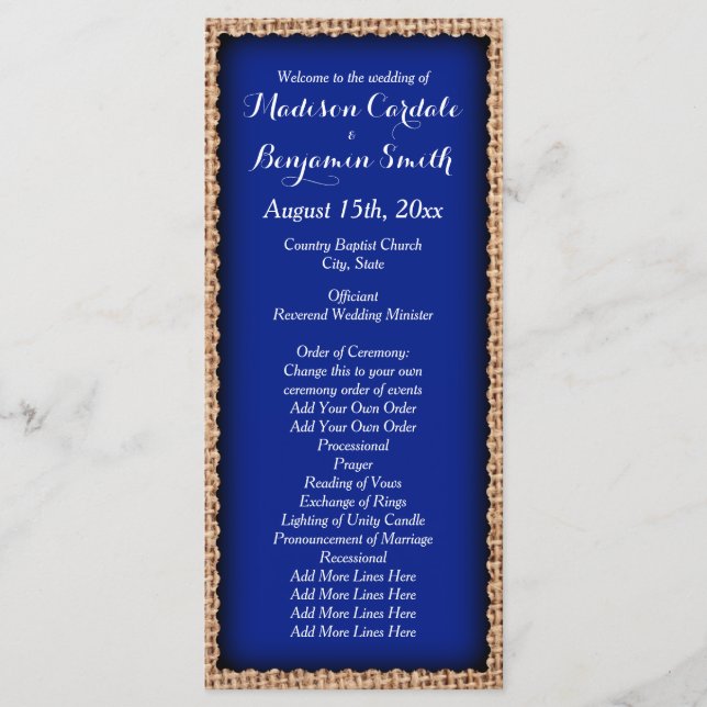 Rustikale Landhochzeit Programme aus Jute Blau (Vorderseite)