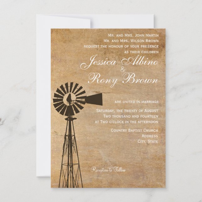 Rustikale Landleinwand-Windmühle-Hochzeitseinladun Einladung (Vorderseite)