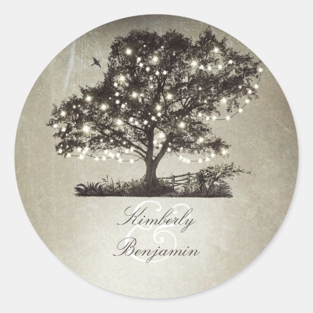 Rustikale Landschaft Bäume und Lichter Hochzeit Runder Aufkleber (Vorderseite)