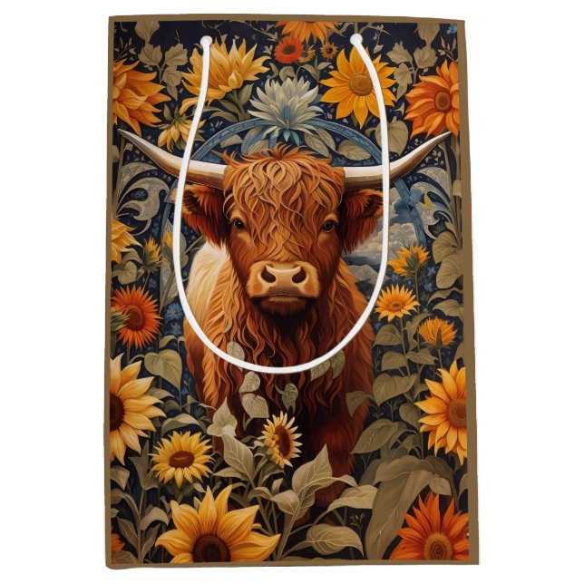 Rustikale Landschaft Hochland Kuh Sonnenblumen Mittlere Geschenktüte (Vorderseite)