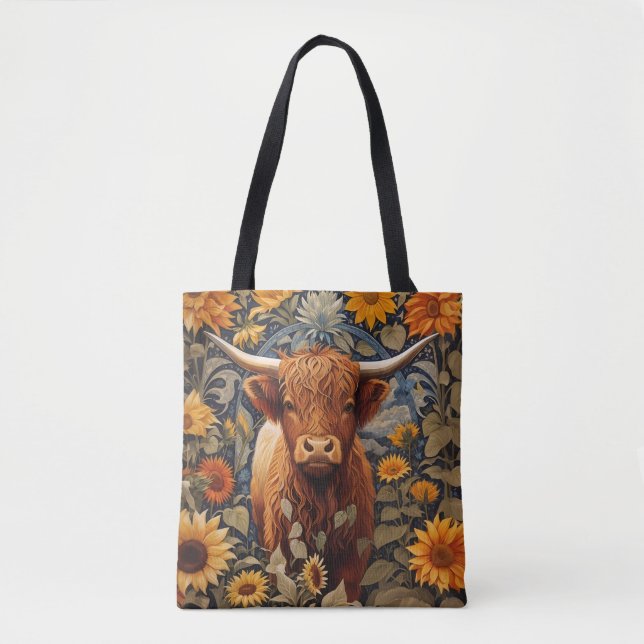 Rustikale Landschaft Hochland Kuh Sonnenblumen Tasche (Vorderseite)