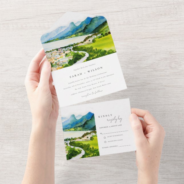 Rustikale Landschaft Seebad Landschaft Hochzeit All In One Einladung (Abreißen)