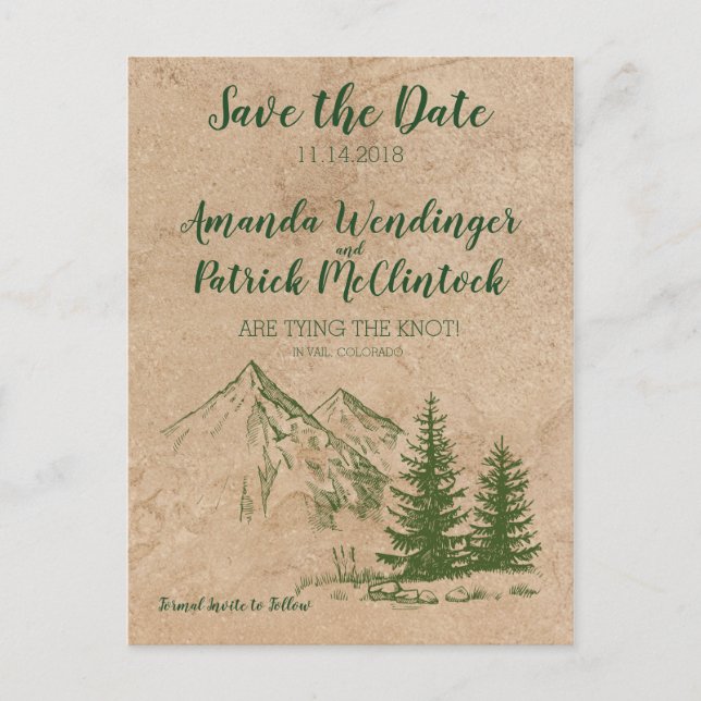 Rustikale Landschaftliche Berge Save the Date Post Ankündigungspostkarte (Vorderseite)