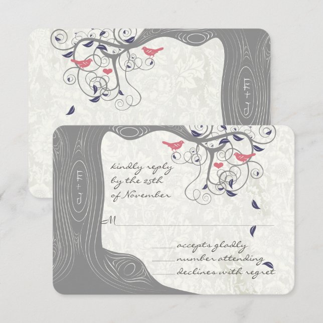 Rustikale Landschick Bäume Swirl Love Birds Hochze RSVP Karte (Vorne/Hinten)