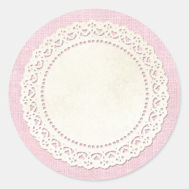 Rustikale Landspitze Doily auf Shabby Pink Burlap Runder Aufkleber (Vorderseite)