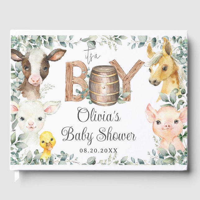 Rustikale Landtiere Stallengrün Boy Babydusche Gästebuch (Vorderseite)