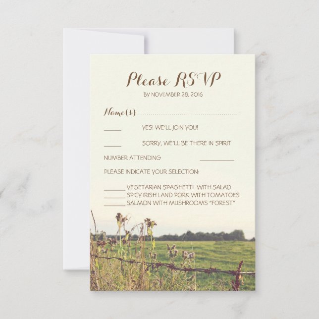 Rustikale Landzaun-Hochzeitskarten RSVP Karte (Vorderseite)