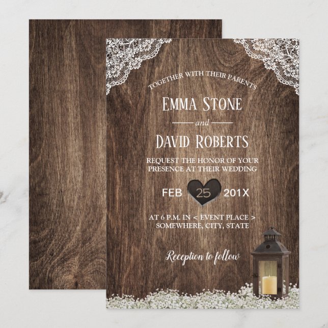 Rustikale Laterne & Gipskraut Laked Wood Wedding Einladung (Vorne/Hinten)