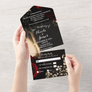 Rustikale Laterne & glamouröse rote Rosen Hochzeit All In One Einladung