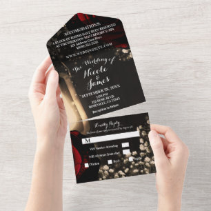 Rustikale Laterne & glamouröse rote Rosen Hochzeit All In One Einladung