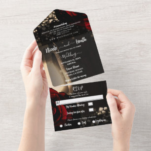 Rustikale Laterne & glamouröse rote Rosen Hochzeit All In One Einladung