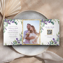 Rustikale Lavendel Eucalyptus Foto QR Code Wedding Dreifach Gefaltete Einladung
