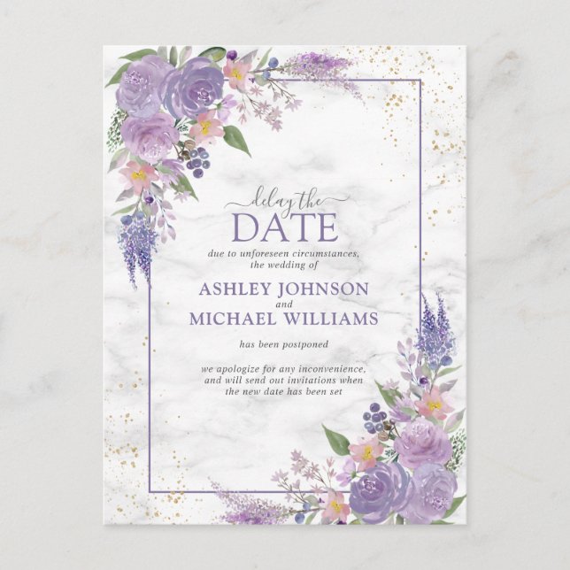 Rustikale Lavendel Lilac Gold Floral Verspätung Da Ankündigungspostkarte (Vorderseite)