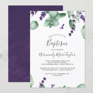 Rustikale Lavendel und Eukalyptus-Taufe Einladung