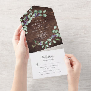 Rustikale Lavendel- und Eukalyptusholz-Hochzeit All In One Einladung