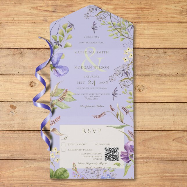 Rustikale Lavendel-Wildblumen Lavendel QR-Code All In One Einladung (Rustic Lavender Wildflowers Lavender QR Code All In One Invitation)