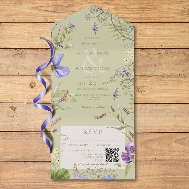 Rustikale Lavendel-Wildblumen - QR-Code All In One Einladung (Rustic Lavender Wildflowers Sage QR Code All In One Invitation)