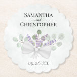 Rustikale Lavender & Eucalyptus Bouquet Wedding Untersetzer<br><div class="desc">Diese wunderschönen Untersetzer fügen Ihrem Empfang, dem Probe-Dinner oder anderen Hochzeitsfeiern eine besondere Touch hinzu. Sie verfügen über ein handgemaltes Aquarelldesign mit Ihren Namen und das Hochzeitstermin auf einem marmorfarbenen, staubblauen Hintergrund mit einem hübschen Bouquet aus Lavendel-Blume und Eukalyptus-Blätter mit weißem Bogen. Rustikal, elegant und schick, diese Untersetzer werden sicher...</div>