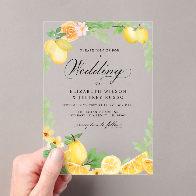 Rustikale Lemon Citrus Boho Sommerhochzeit Acryleinladungen (Insitu (Handheld))