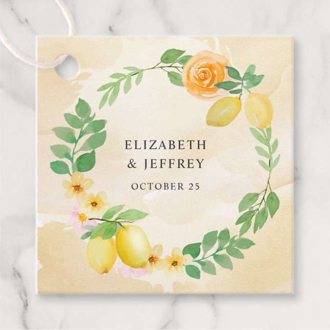 Rustikale Lemon Citrus Boho Sommerhochzeit Geschenkanhänger (Vorderseite)