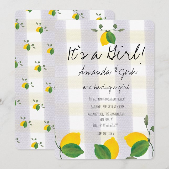 Rustikale Lemon Wasserfarbe Citrus Country Baby Du Einladung (Vorne/Hinten)