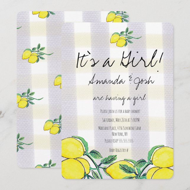 Rustikale Lemon Wasserfarbe Citrus Kariert Baby Du Einladung (Vorne/Hinten)