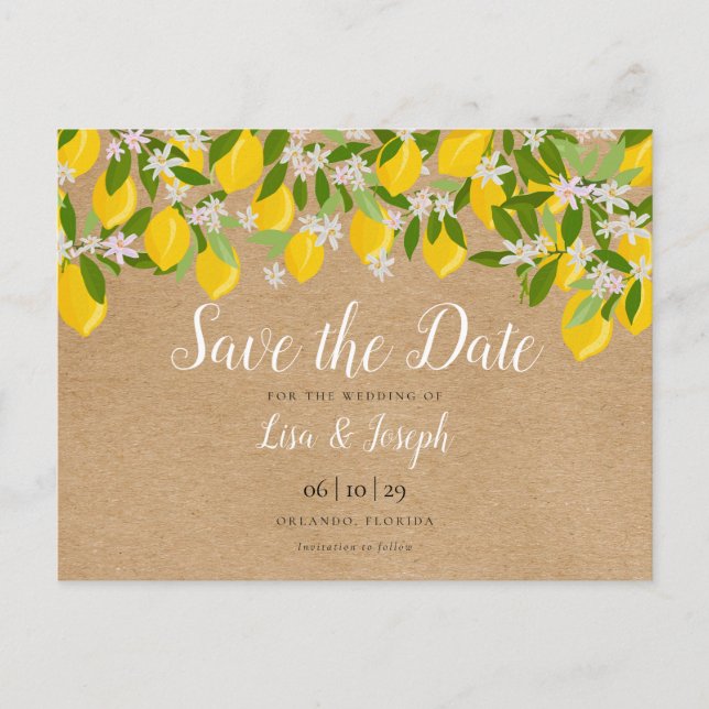 Rustikale Lemons Blossom Elegant Save the Date Postkarte (Vorderseite)