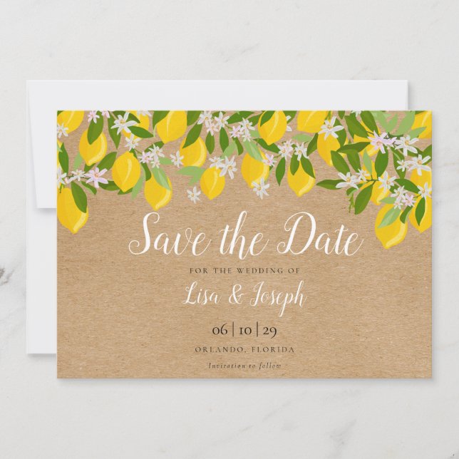 Rustikale Lemons Blossom Elegantes Skript Save The Date (Vorderseite)