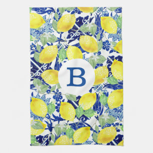 Rustikale Lemons und blaue Flora   Monogramm Geschirrtuch