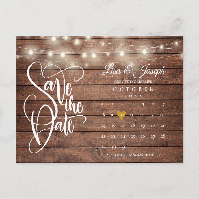 Rustikale Leuchten Kalender QR Foto Save the Date Ankündigungspostkarte (Vorderseite)