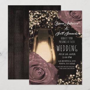 Rustikale Leuchtlaterne & Staubrosen Hochzeit Einladung