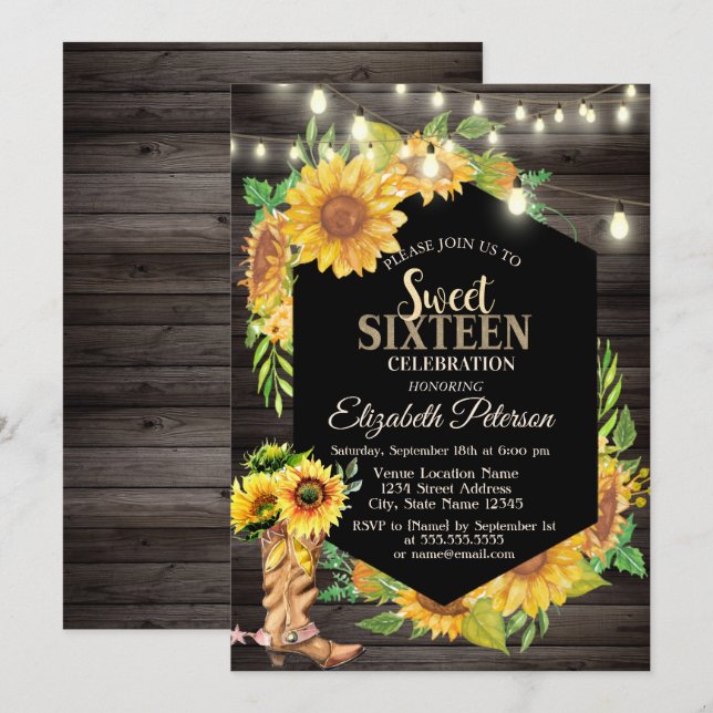 Rustikale Lichter, Sonnenblumen Country Wood Sweet Einladung (Vorne/Hinten)