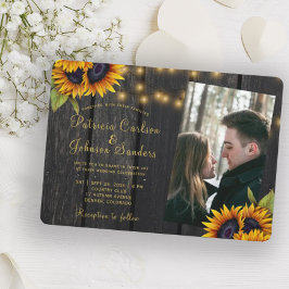 Rustikale Lichter Sonnenblumen Holz Foto Hochzeit Einladung