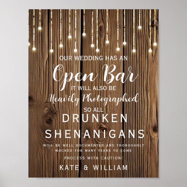 Rustikale Lichterfolge Offenes Bar-Hochzeitssymbol Poster (Vorne)