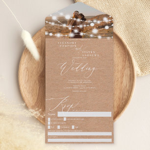 Rustikale Lichterkette braune Kraft-Foto-Hochzeit All In One Einladung