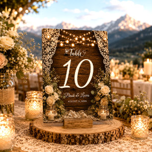 Rustikale Lichterkette Holz Kerzen Spitze Hochzeit Tischnummer