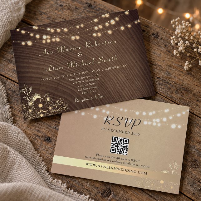 Rustikale Lichterkette QR-Code Hochzeit  Einladung (Von Creator hochgeladen)