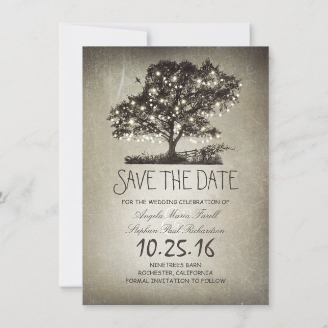Rustikale Lichterketten-Baum Save-the-Date-Karten Save The Date (Vorderseite)