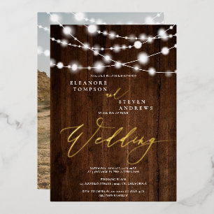 Rustikale Lichterketten braune Holz Foto Hochzeit  Folieneinladung
