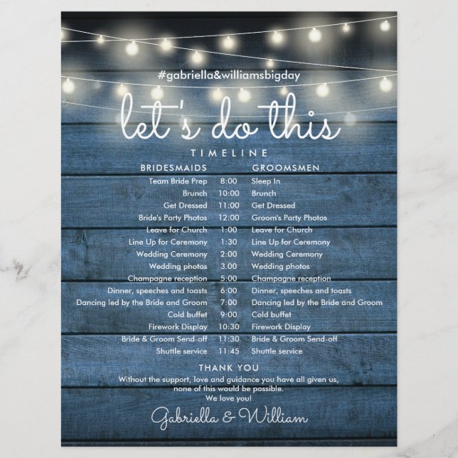 Rustikale Lichterketten Hochzeitsplan Zeitachse (Vorderseite)