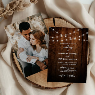 Rustikale Lichterketten & Holz-Foto-Hochzeit Einladung