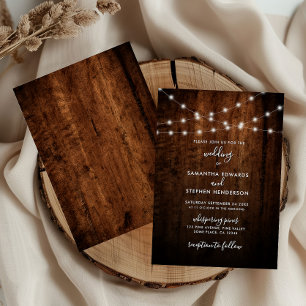 Rustikale Lichterketten & Holze Hochzeit Einladung