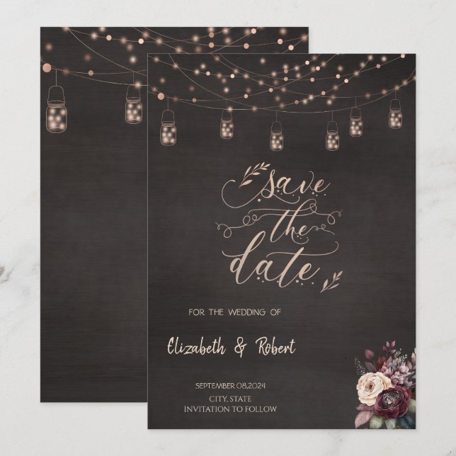 Rustikale Lichterketten Rosen Save The Date (Vorne/Hinten)