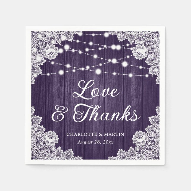 Rustikale Liebe aus Holz und Dank Lila Hochzeit Serviette (Vorderseite)